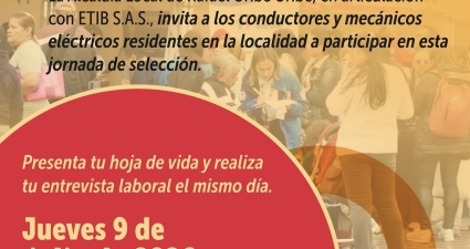  ¡Esta puede ser tu próxima oportunidad laboral! Si eres conductor(a) o mecánico(a) eléctrico(a) y resides en la localidad de Rafael Uribe Uribe, esta convocatoria es para ti.  📄 Lleva tu hoja de vida y participa en una jornada de selección donde podrás realizar tu entrevista el mismo día.