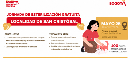 Pieza gráfica informativa sobre la jornada gratuita de esterilización de perros y gatos en la localidad de San Cristóbal. Incluye fecha, lugar, requisitos y recomendaciones para acceder al servicio veterinario.