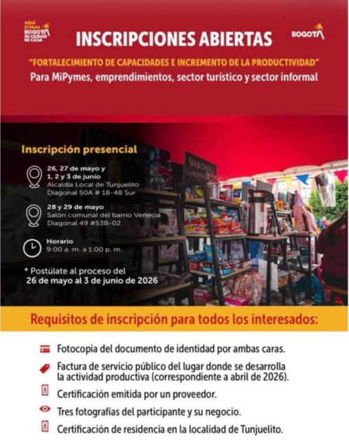 Inscripciones para fortalecer mipymes y emprendimientos en Tunjuelito
