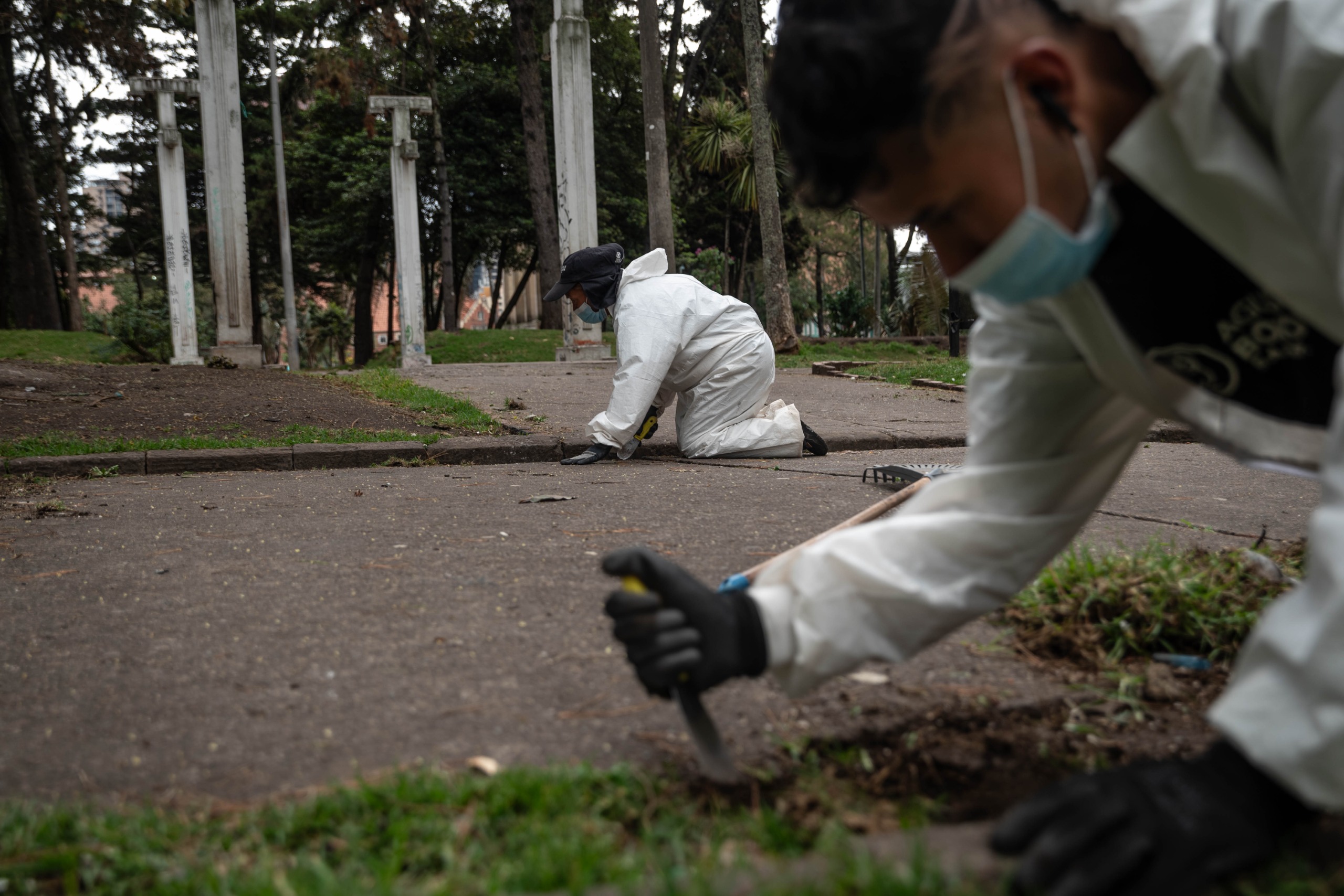 Foto de funcionaros de Aguas de Bogotá retirando pasto montado sobre los corredores del Parque Nacional