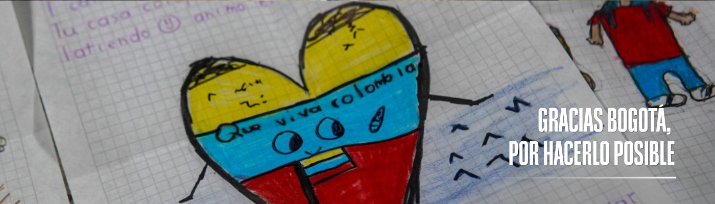 Banner de la foto de un dibujo de ánimo para las víctimas del terremoto con texto "Gracias Bogotá, por hacerlo posible"