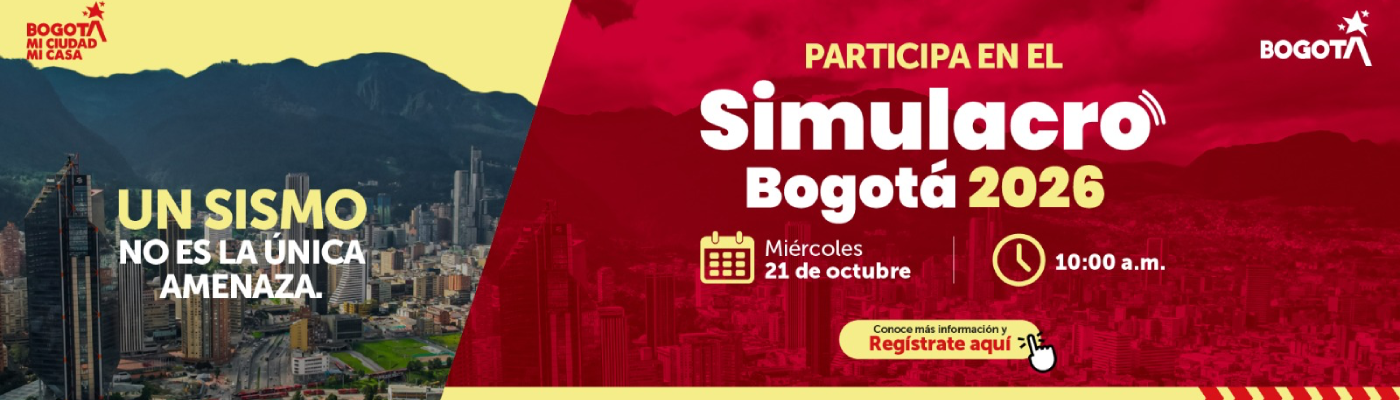 Pieza de difusión sobre el Simulacro Distrital 2026 con texto "Registrate aquí"
