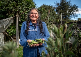 Adulta mayor campesina sonriendo, mostrando la cosecha del día.