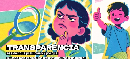 Ilustración referente a la transparencia en el uso de los recursos públicos, destacando la importancia de saber qué pasa, cómo y por qué para garantizar una gestión clara y responsable.