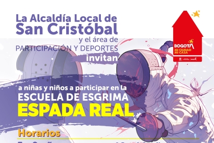  ¡Atención, comunidad deportiva de San Cristóbal! Te invitamos a ser parte de una experiencia única  el curso de esgrima "Espada Real", una actividad física innovadora y con enfoque diferencial diseñada especialmente para nuestros niños, niñas y adolescentes.    Día de inicio y horarios: consulta todos los detalles en el flyer.  Inscríbete ya a través del enlace que aparece allí. ¡No pierdas esta oportunidad de aprender, divertirte y transformar tu tiempo libre de manera épica! 