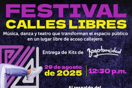 Una persona hace una acrobacia mientras se promociona el Festival Calles Libres, un evento con música, danza y teatro que se realizará el 29 de agosto de 2025 en Bogotá para fomentar el respeto, la libertad y la convivencia en las calles.