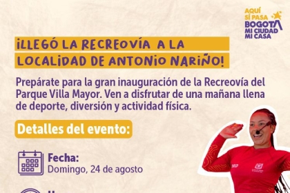 Pieza gráfica que invita a la gran inauguración de la Recreovía del Parque Villa Mayor. Ven a disfrutar de una mañana llena de deporte, diversión y actividad física.