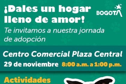 Jornada de Adopción que se realizará el 29 de noviembre de 2025, en el Centro Comercial Plaza Central, en el horario de 8:00 a.m. a 1:00 p.m.