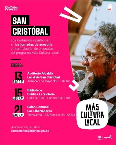 ¿Esperando las convocatorias del Programa Más Cultura Local?   Prepárate con nosotros acompañándonos en las jornadas de asesoría en formulación de proyectos. En estos espacios adquirirás herramientas para postularte en las convocatorias próximas a salir.   Elige la fecha que más te funcione,  ¡Nos vemos! 
