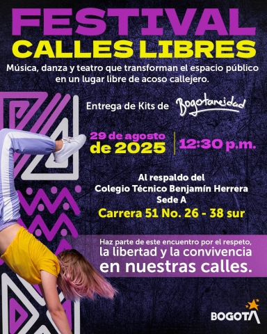 Una persona hace una acrobacia mientras se promociona el Festival Calles Libres, un evento con música, danza y teatro que se realizará el 29 de agosto de 2025 en Bogotá para fomentar el respeto, la libertad y la convivencia en las calles.