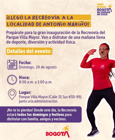 Pieza gráfica que invita a la gran inauguración de la Recreovía del Parque Villa Mayor. Ven a disfrutar de una mañana llena de deporte, diversión y actividad física.