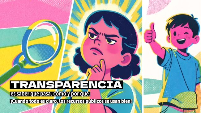 Ilustración referente a la transparencia en el uso de los recursos públicos, destacando la importancia de saber qué pasa, cómo y por qué para garantizar una gestión clara y responsable.